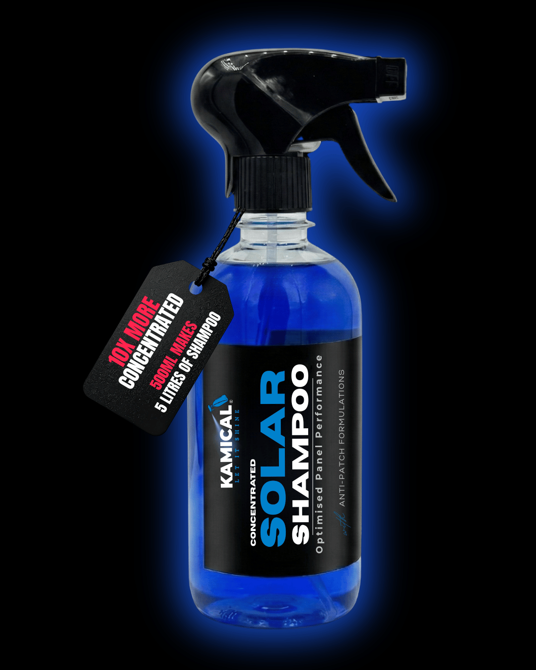 Kamical Solar Shampoo bottle with a spray nozzle on a dark background